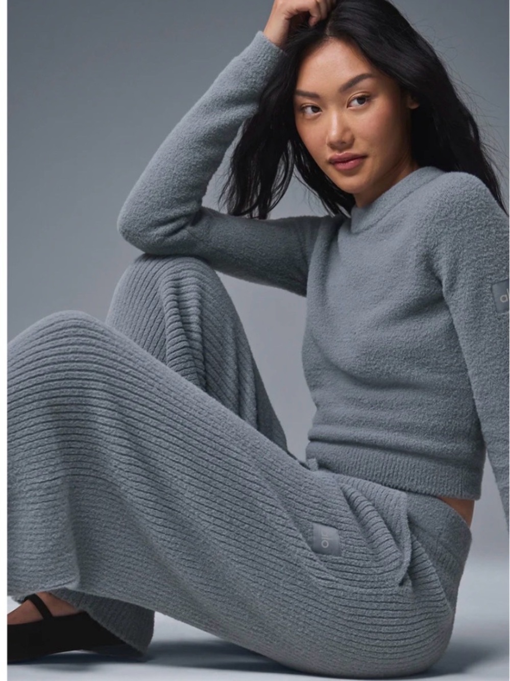 Alo Snuggle Up Sweater High Rise Wide Leg Pants Grey and sweater sz XS